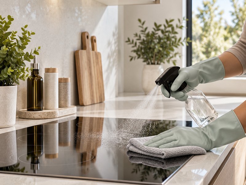 Close-up of gloved hands cleaning a kitchen cooktop