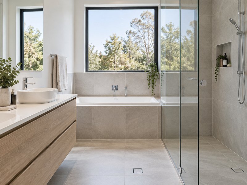 Vacant bathroom with bath, vanity and glass shower screen
