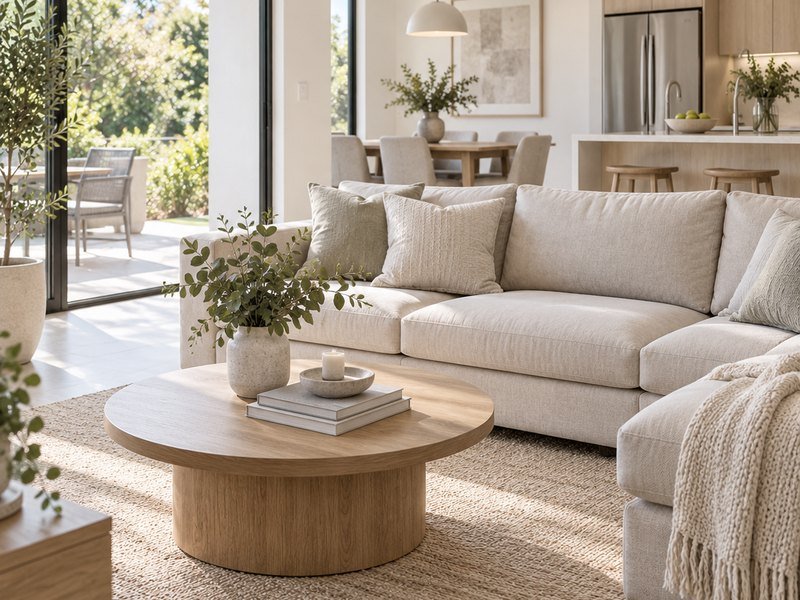 Bright living room with sofa and coffee table